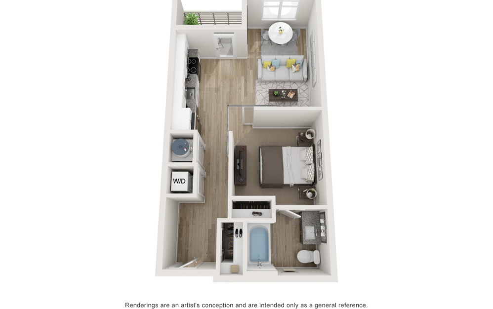 The Welles ALT - Studio floorplan layout with 1 bathroom and 600 square feet